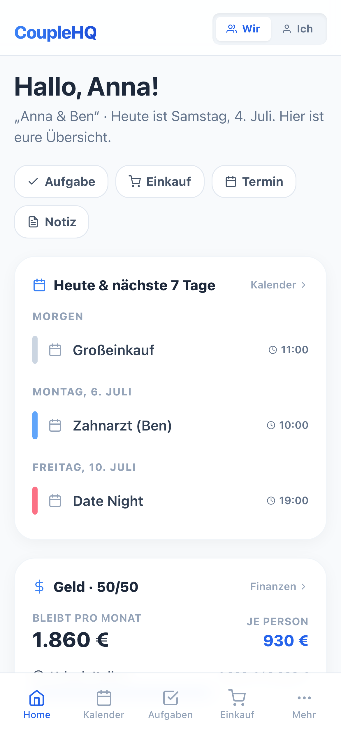 CoupleHQ-App: gemeinsame Übersicht mit Terminen, Aufgaben und Finanzen