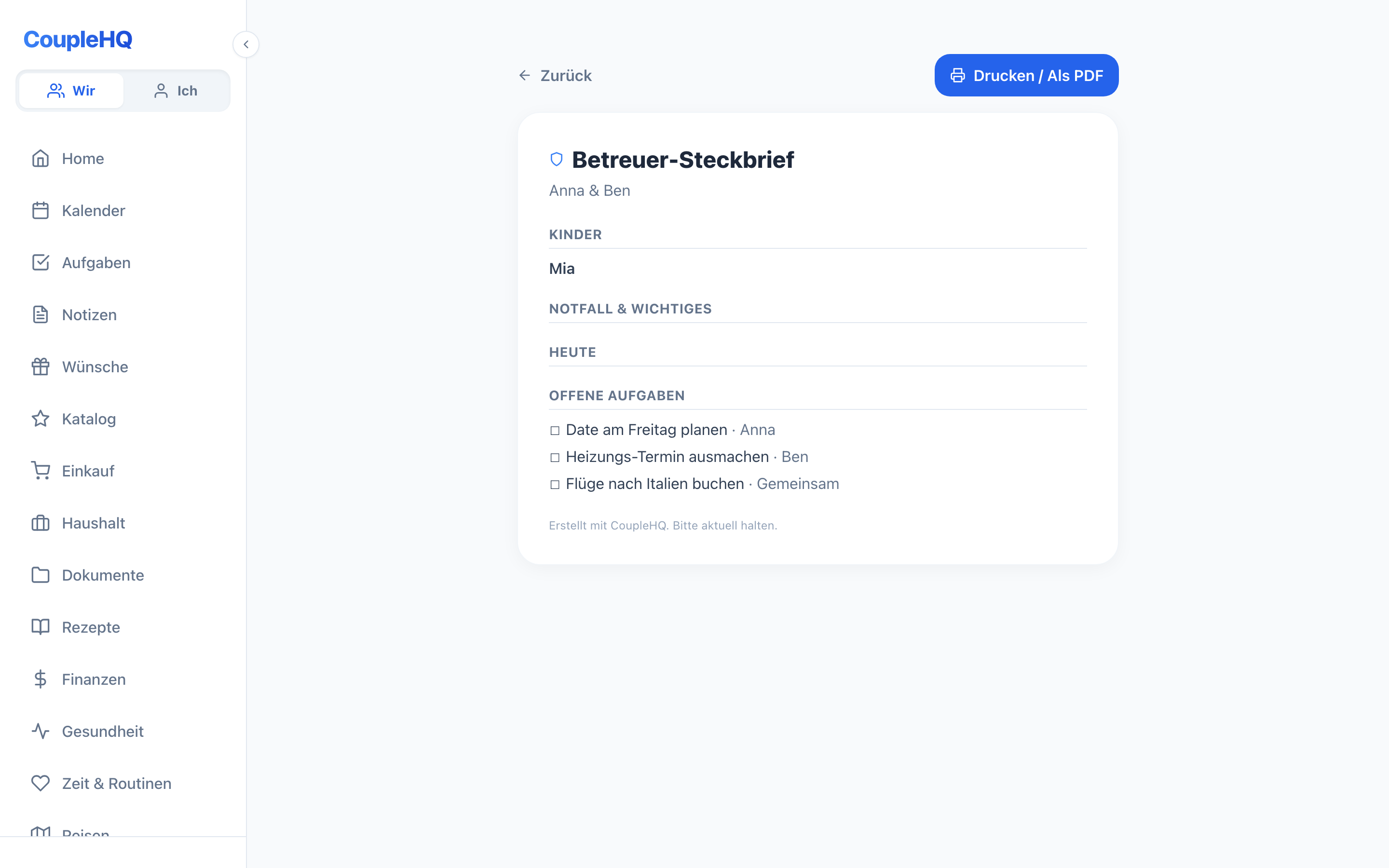 Betreuung sicher übergeben — CoupleHQ