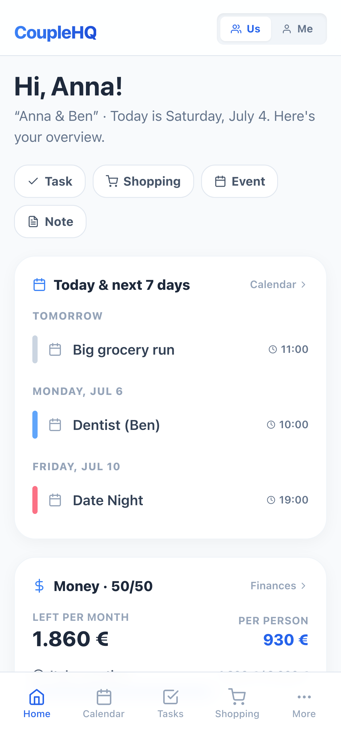 CoupleHQ app: shared overview with events, tasks and finances